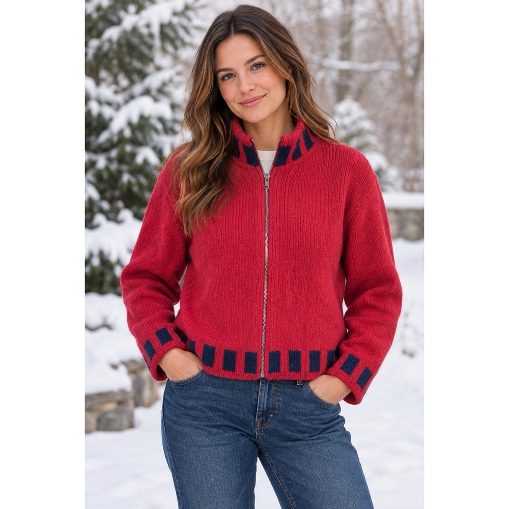 Irelandseye Womens L Lambswool Silk Cardigan Red Navy Full Zip Irish Sweater